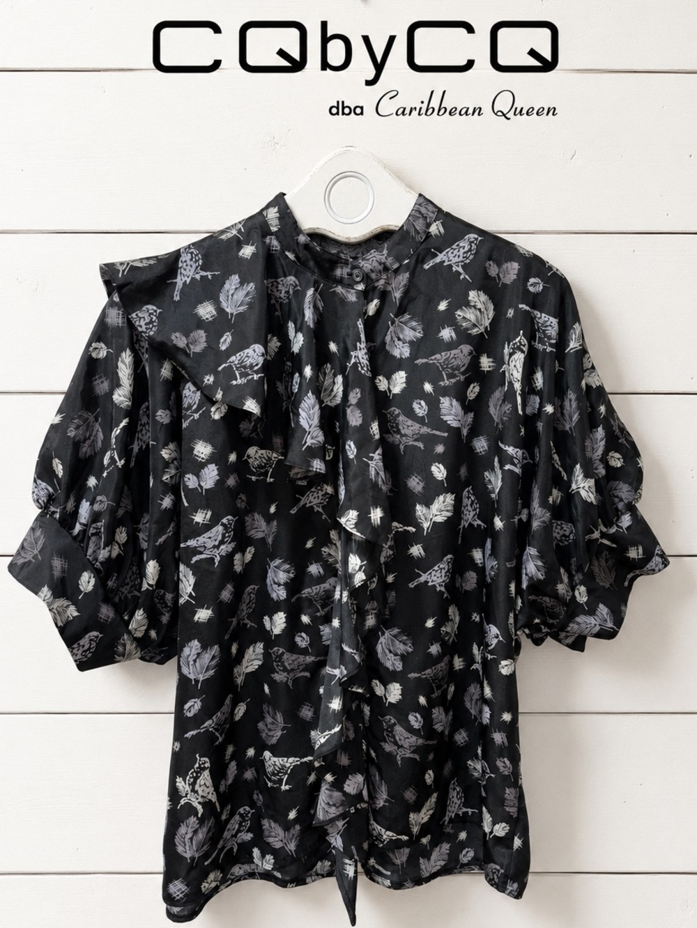 CQ by CQ Black Bird Print Ruffle Blouse Size L